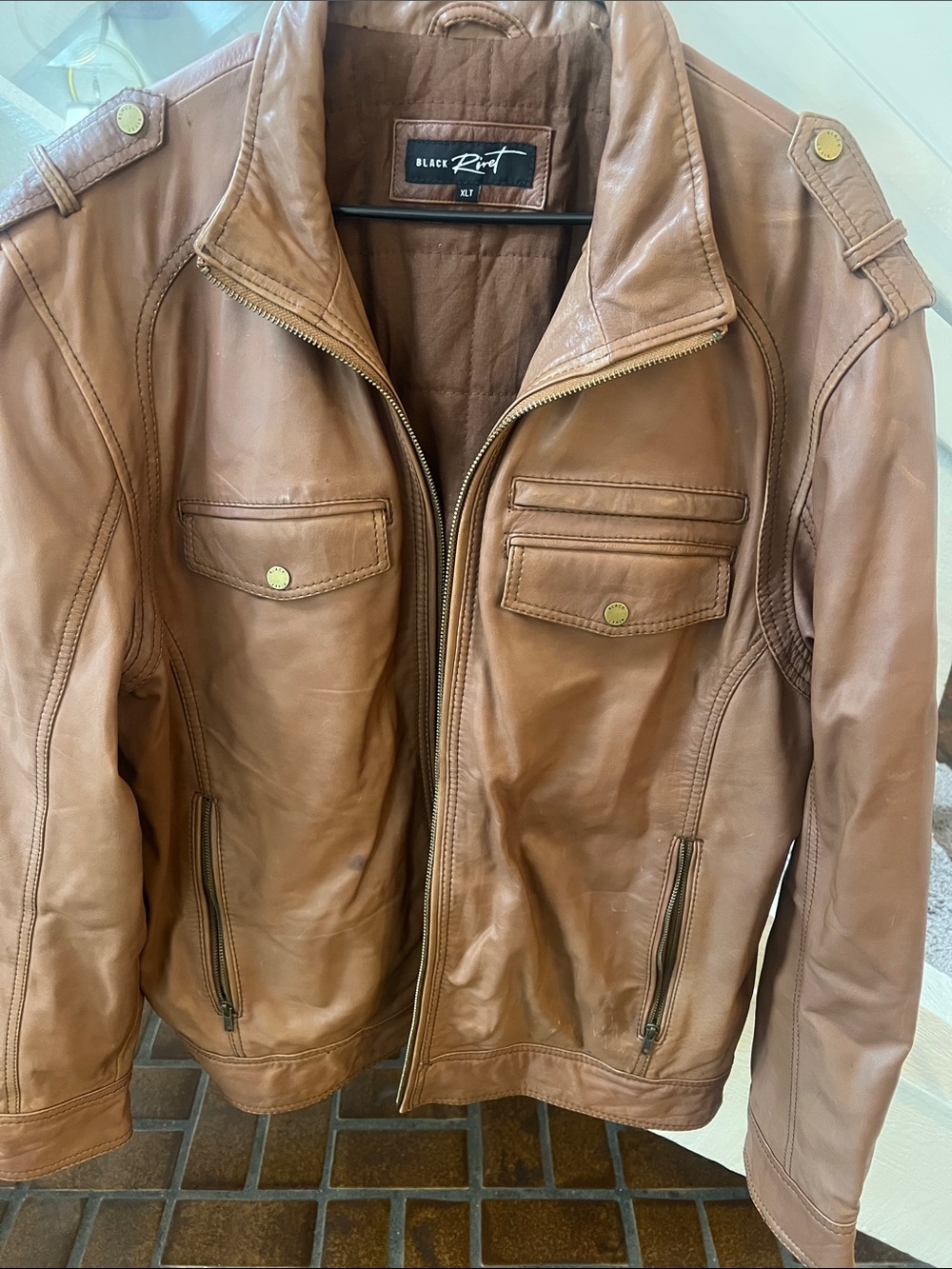 Black Rivet Tan Brown 100% Leather moto Jacket XLT